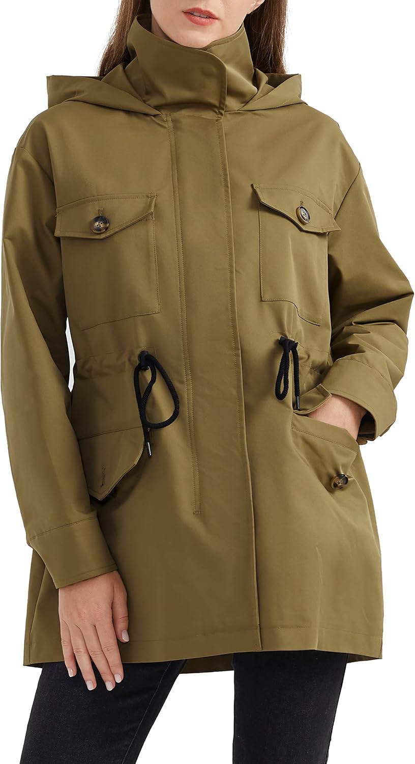 Aurlane Women's Short Windproof Trench Coat Outdoor Lightweight Hooded Coat