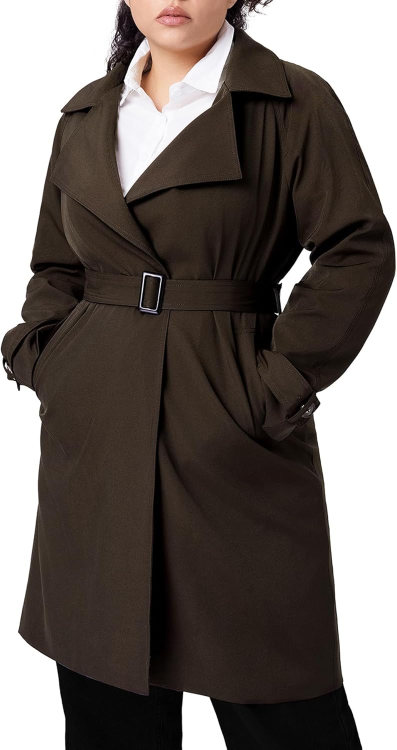 Aurlane Women's Casual Notched Lapel Trench Coat Mid-Length Slim Fit Overcoat with Belt