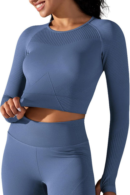 Aurlane Women's Long Sleeve Crop Tops Seamless Athletic Yoga Workout Slim Fit Gym Shirts