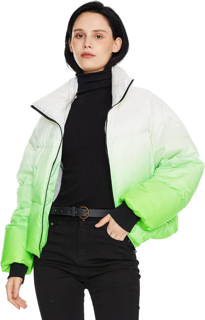 Aurlane Women's Cropped Puffer Jacket - Stand Collar Gradient Effect Short Down Coat