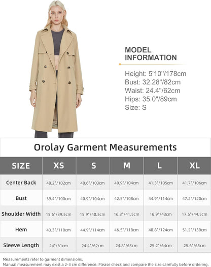 Aurlane Women's Long Trench Coat Double-Breasted Classic Lapel Overcoat with Belt