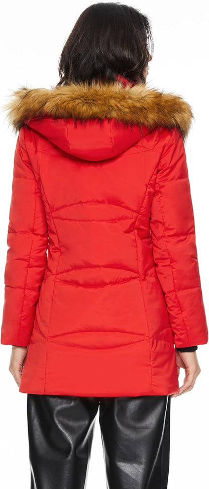 Aurlane Women’s Insulated Jacket with Removable Hood Faux Fur Zip up Winter Coat Mid-length