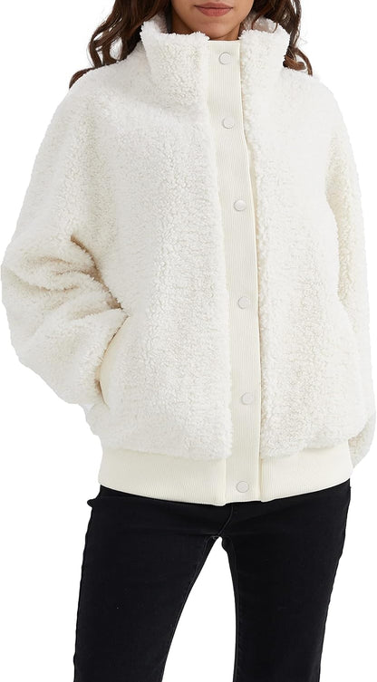 Aurlane Women's Sherpa Fleece Jacket Oversized Winter Coat Long Sleeve Button Outwear