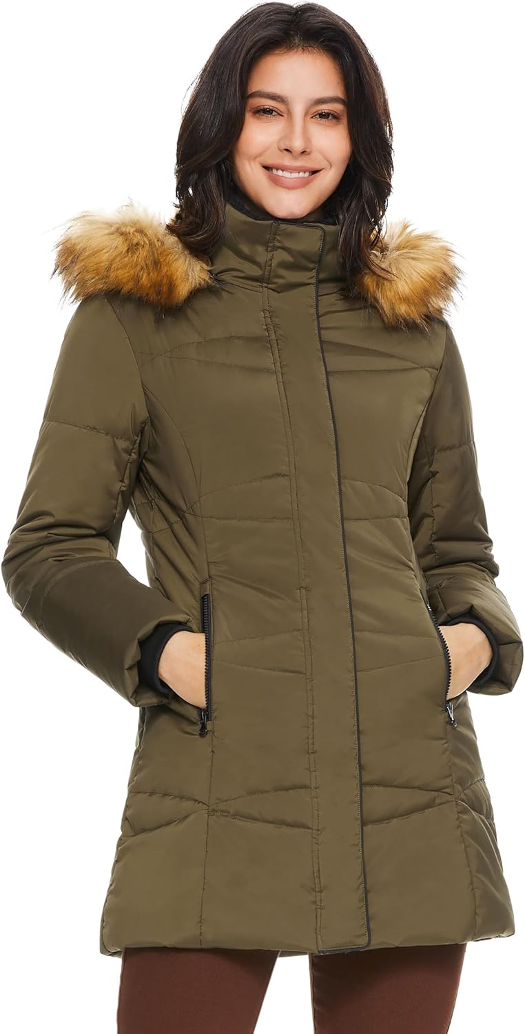 Aurlane Women’s Insulated Jacket with Removable Hood Faux Fur Zip up Winter Coat Mid-length