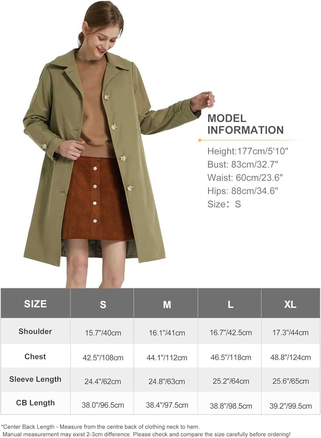 Aurlane Women's Single Breasted Trench Coat Mid Long Classic Lapel Windproof Slim Outerwear Coats