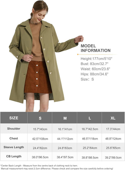 Aurlane Women's Single Breasted Trench Coat Mid Long Classic Lapel Windproof Slim Outerwear Coats