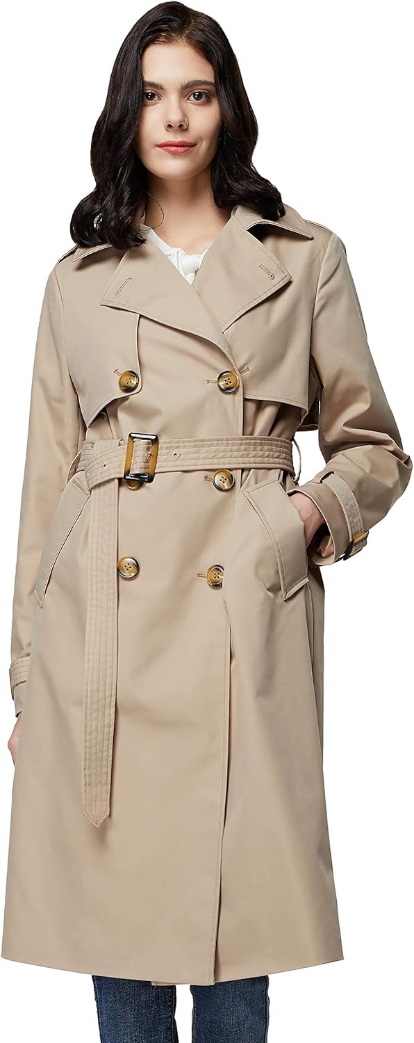 Aurlane Women's 3/4 Length Double Breasted Trench Coat Lapel Jacket with Belt