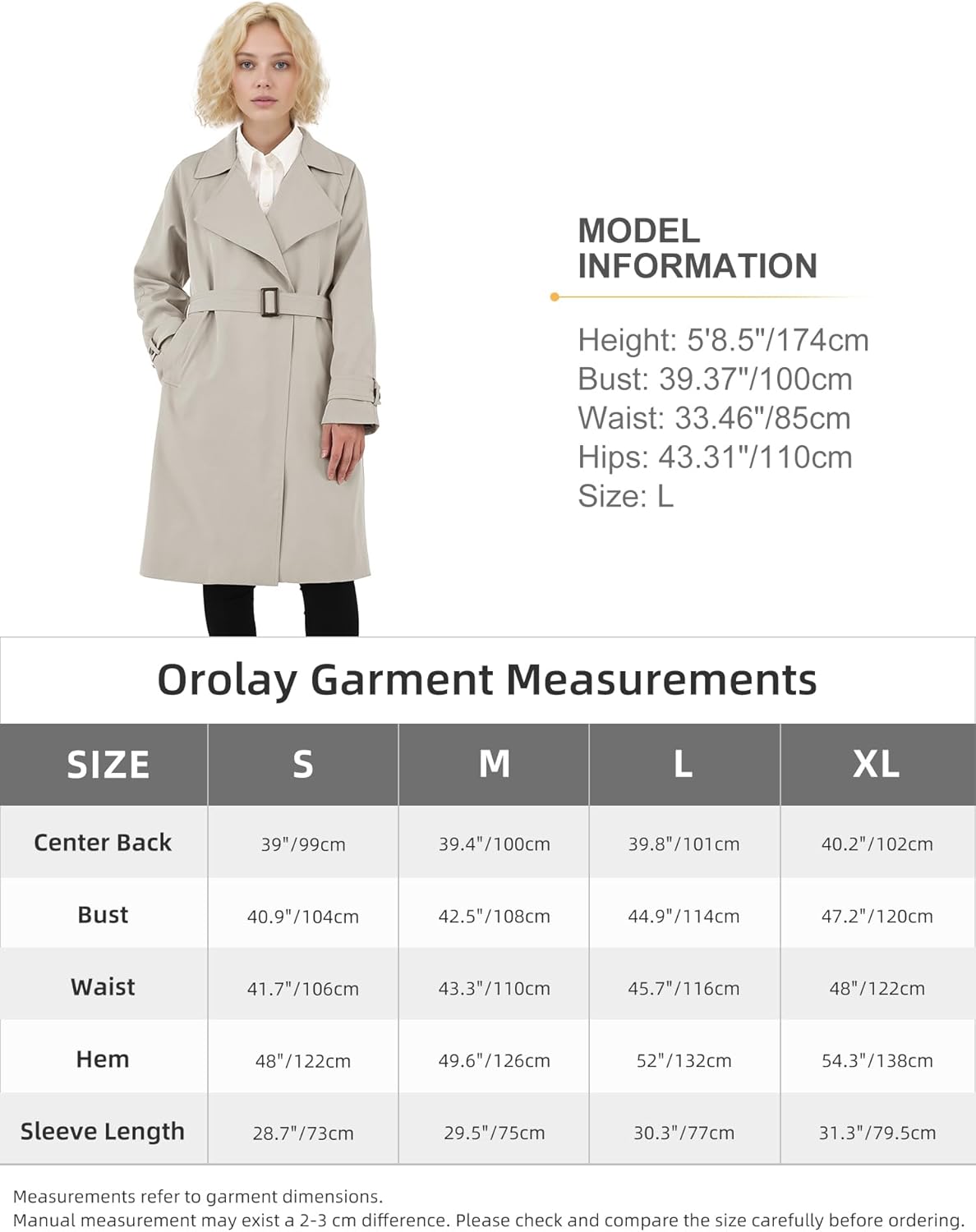 Aurlane Women's Casual Notched Lapel Trench Coat Mid-Length Slim Fit Overcoat with Belt