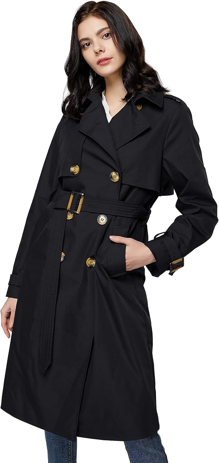 Aurlane Women's 3/4 Length Double Breasted Trench Coat Lapel Jacket with Belt