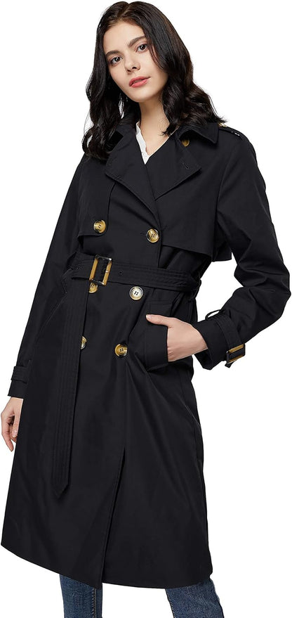 Aurlane Women's 3/4 Length Double Breasted Trench Coat Lapel Jacket with Belt