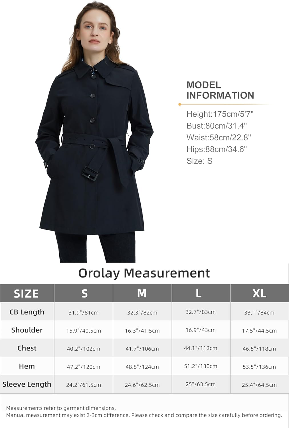 Aurlane Women's Belted Trench Coat Windproof Classic Overcoat Slim Outdoor Jackets with Wide Lapel