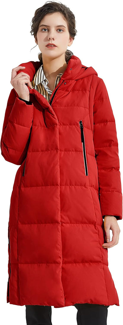 Aurlane Women's Thickened Long Down Jacket Winter Down Coat Hooded Puffer Jacket with Side Zipper