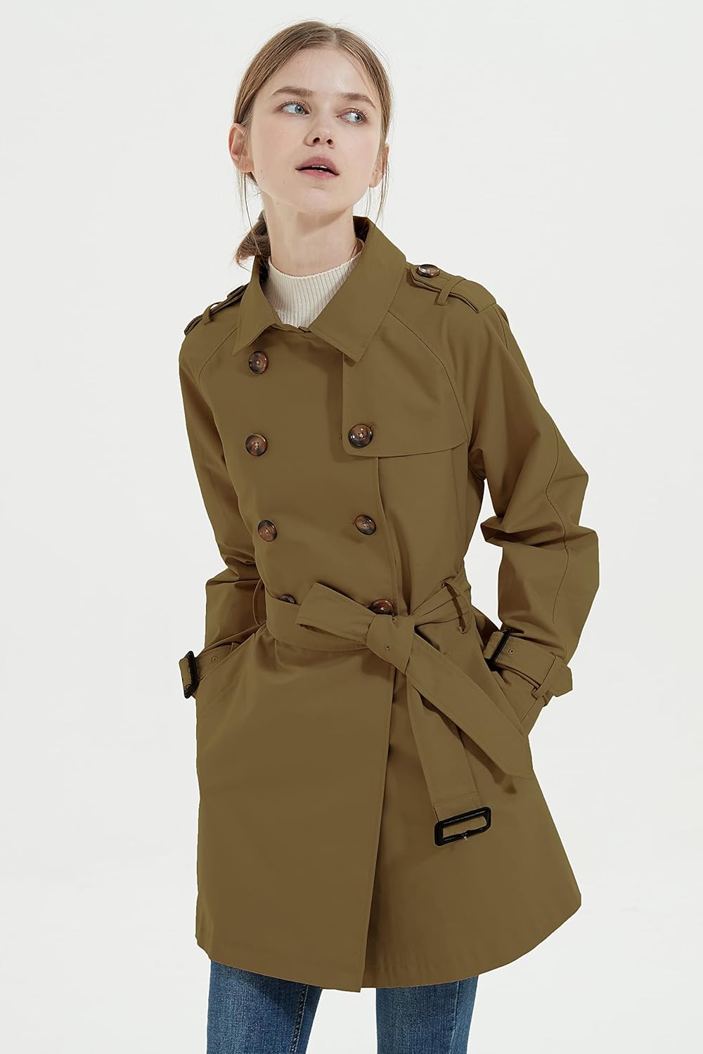 Aurlane Women's Mid-length Jacket Double Breasted Trench Coat with Belt