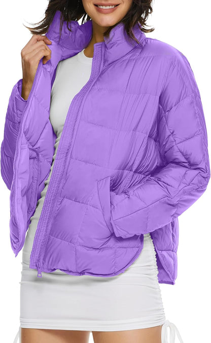 Aurlane Women's Cropped Puffer Jacket Quilted Lightweight Oversized Down Coat Zip Up Spring Short Padded Outwear