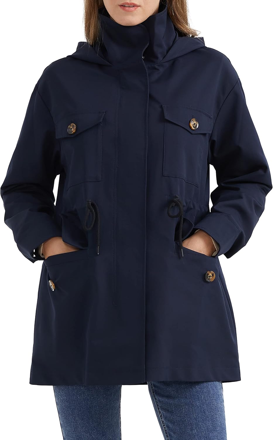 Aurlane Women's Short Windproof Trench Coat Outdoor Lightweight Hooded Coat