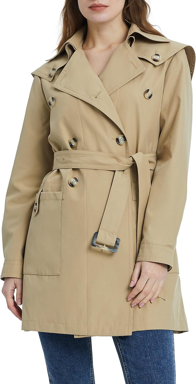 Aurlane Women's Double Breasted Trench Coat Notched Lapel Jacket with Belt