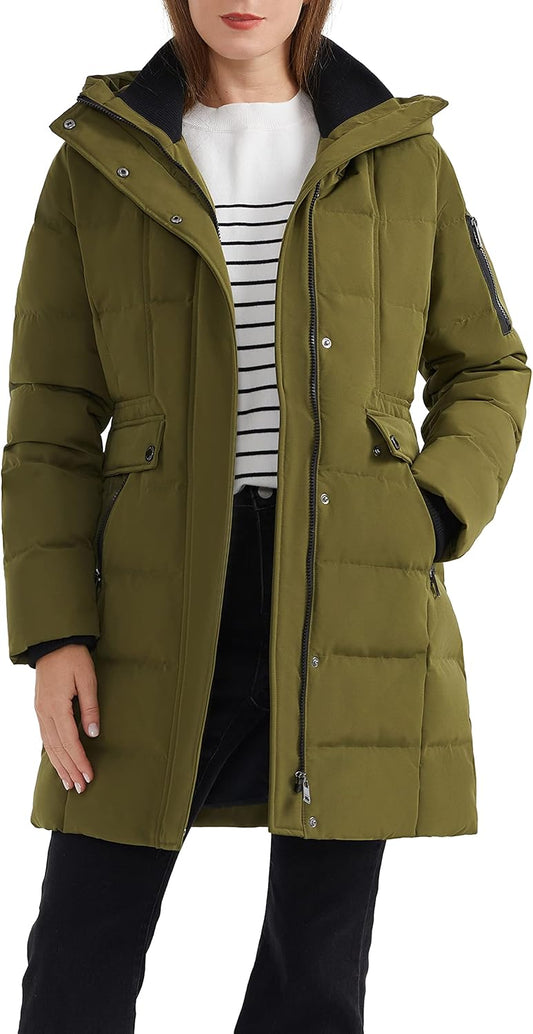 Aurlane Women's Hooded Winter Down Coat Quilted Mid Length Puffer Jacket