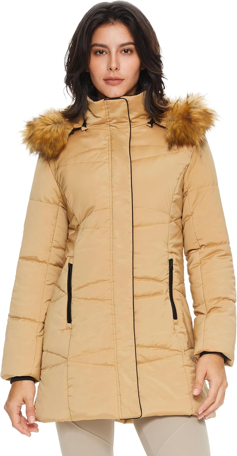 Aurlane Women’s Insulated Jacket with Removable Hood Faux Fur Zip up Winter Coat Mid-length