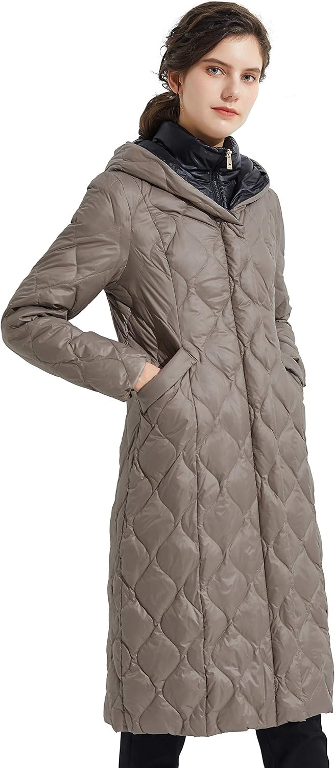 Aurlane Women's Long Winter Coat Inner Bib Down Jacket Hooded Puffer Jacket