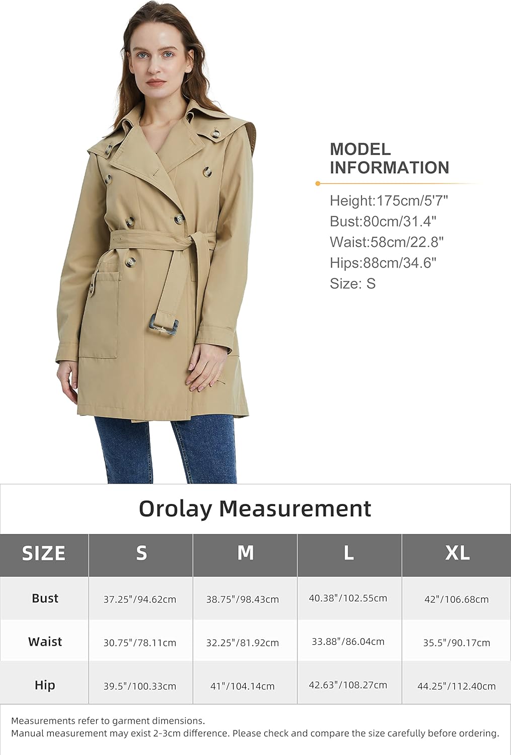 Aurlane Women's Double Breasted Trench Coat Notched Lapel Jacket with Belt