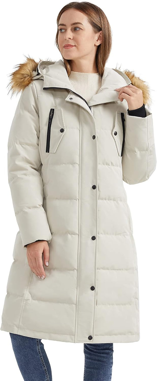 Aurlane Women's Down Jacket Winter Long Coat Windproof Puffer Jacket with Fur Hood