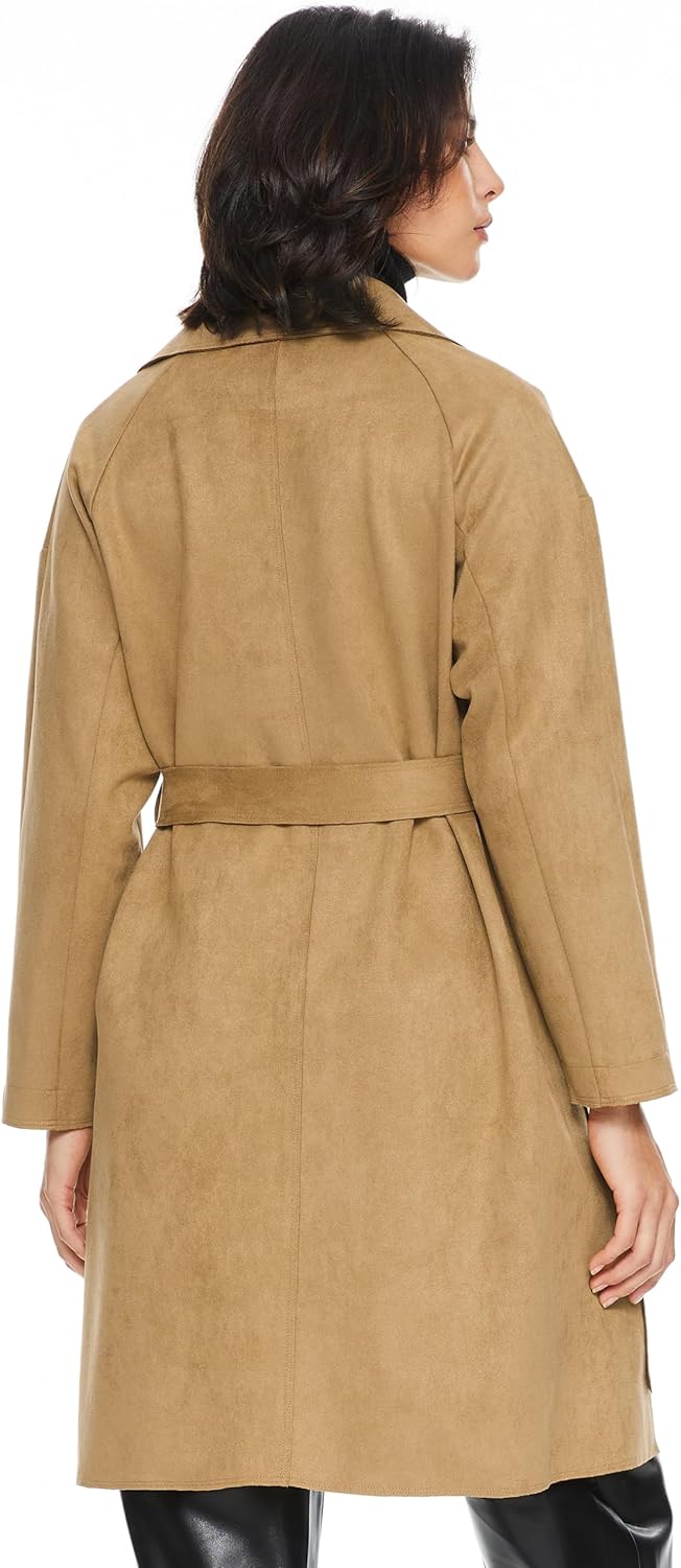 Aurlane Short Trench Coats for Women Faux Suede Leather Trench Coat Double Breasted Belted Mid Long Outwear