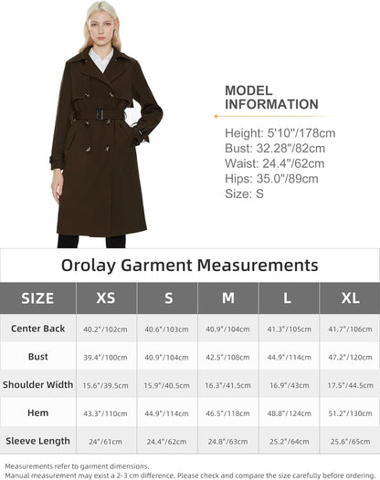 Aurlane Women's Long Trench Coat Double-Breasted Classic Lapel Overcoat with Belt