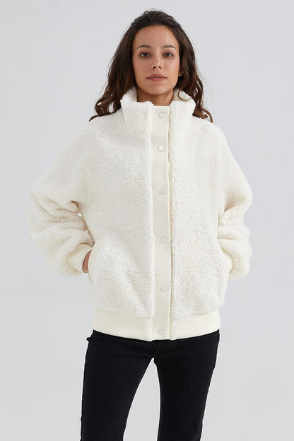 Aurlane Women's Sherpa Fleece Jacket Oversized Winter Coat Long Sleeve Button Outwear