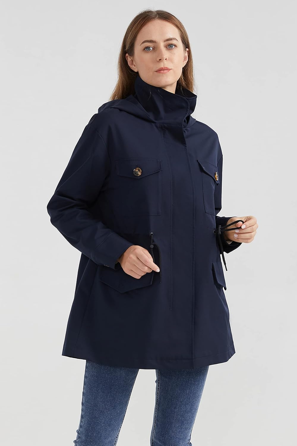 Aurlane Women's Short Windproof Trench Coat Outdoor Lightweight Hooded Coat