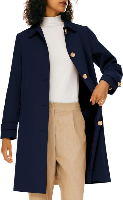 Aurlane Women's Single Breasted Trench Coat Mid Long Classic Lapel Windproof Slim Outerwear Coats