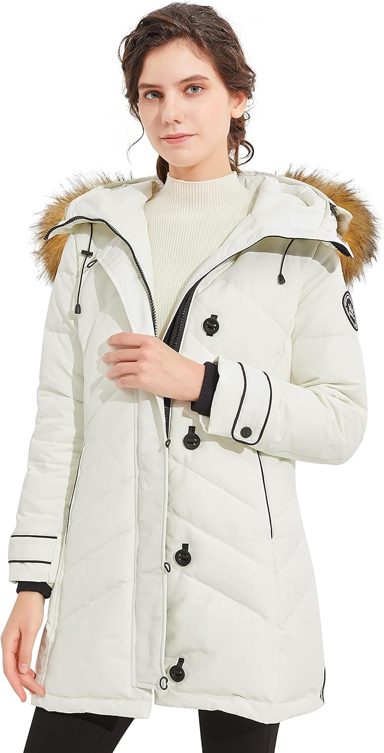 Aurlane Women's Hooded Slim Puffer Jacket Quilted Mid Length Winter Down Coat