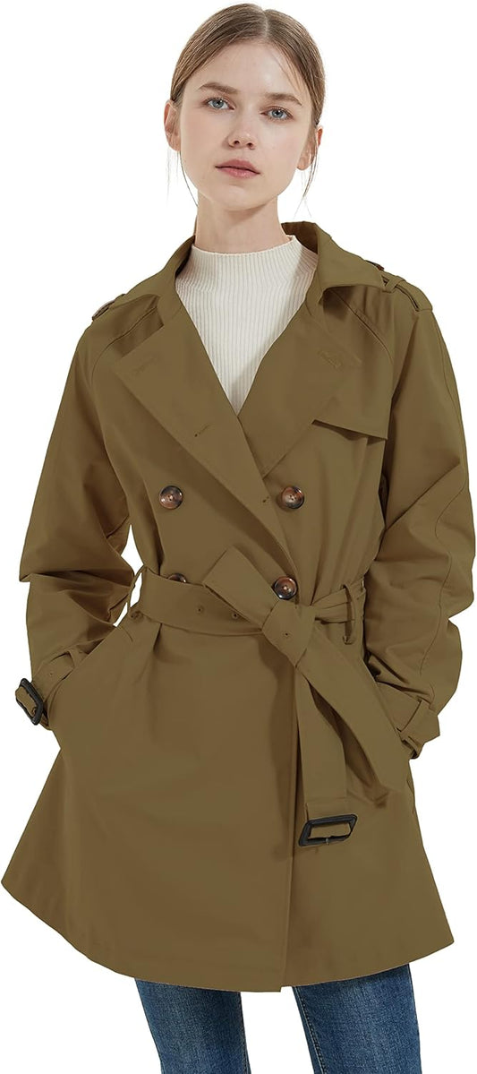 Aurlane Women's Mid-length Jacket Double Breasted Trench Coat with Belt