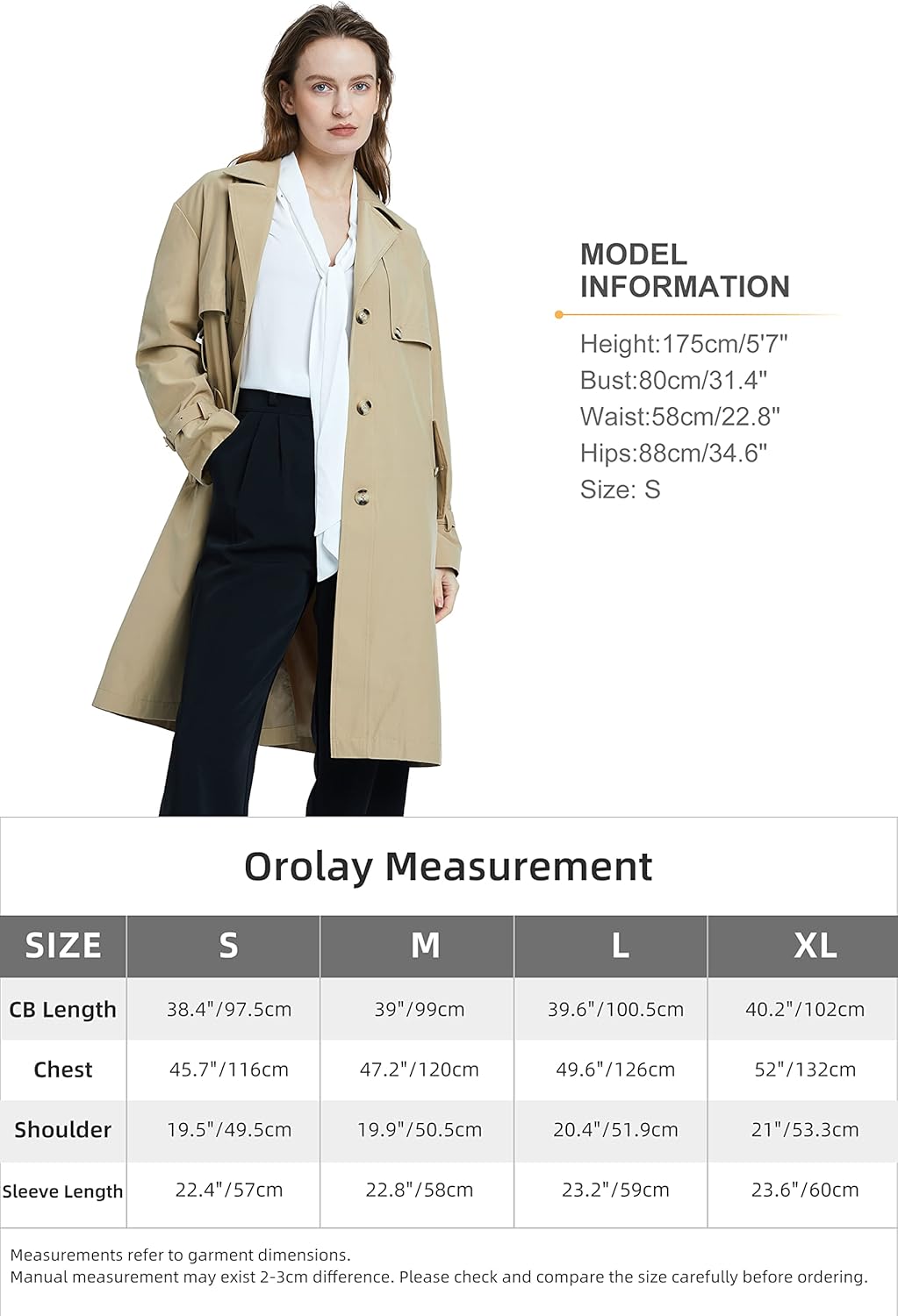 Aurlane Women's Single Breasted Trench Coat Long Windbreaker Button Coat Slim Fit Jackets with Belt