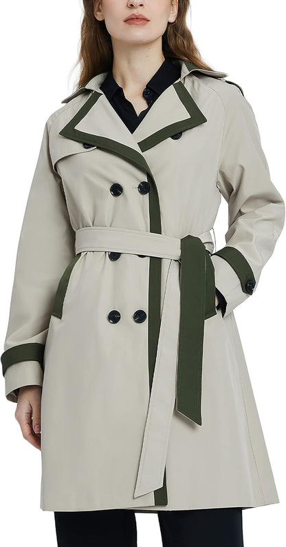 Aurlane Women's Classic Trench Coat Double Breasted Mid-Length Windproof Fashionable Jacket Lapel Overcoat with Belt