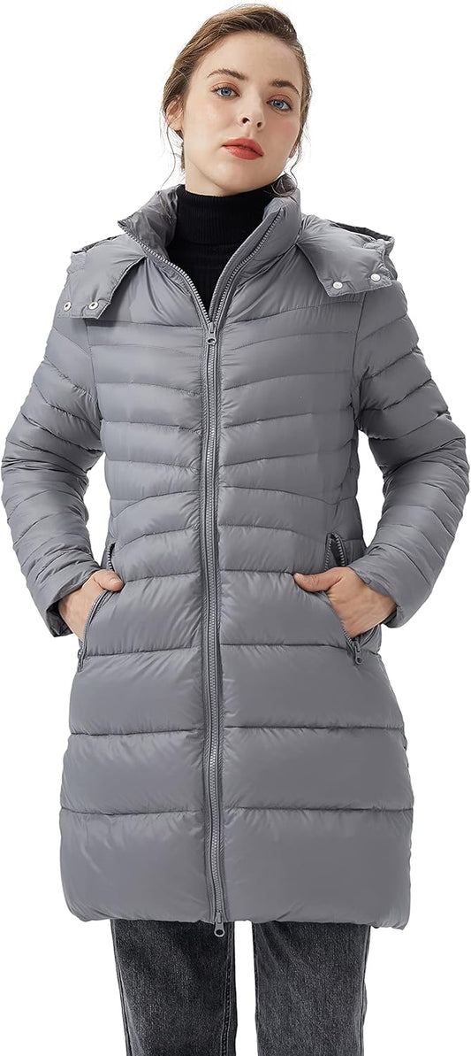 Aurlane Women's Lightweight Down Jacket Puffer Warm Long Hooded Winter Coat with Pocket