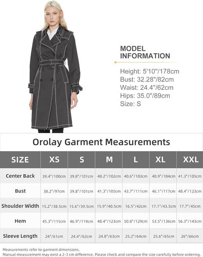 Aurlane Women's Mid-Length Trench Coat Double-Breasted Classic Lapel Windbreaker Water-Resistant Belted Overcoat