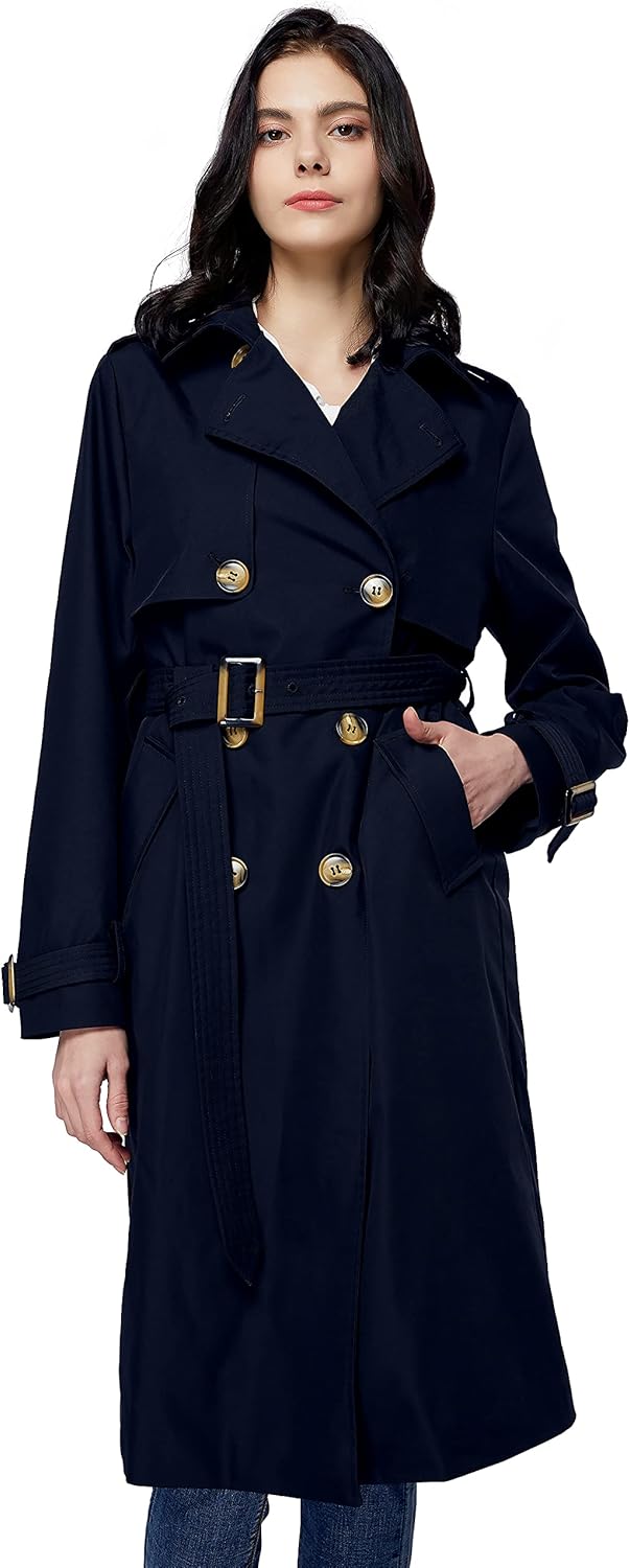 Aurlane Women's 3/4 Length Double Breasted Trench Coat Lapel Jacket with Belt