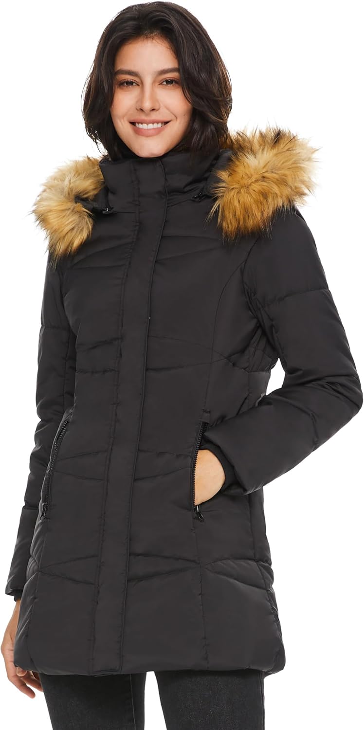 Aurlane Women’s Insulated Jacket with Removable Hood Faux Fur Zip up Winter Coat Mid-length