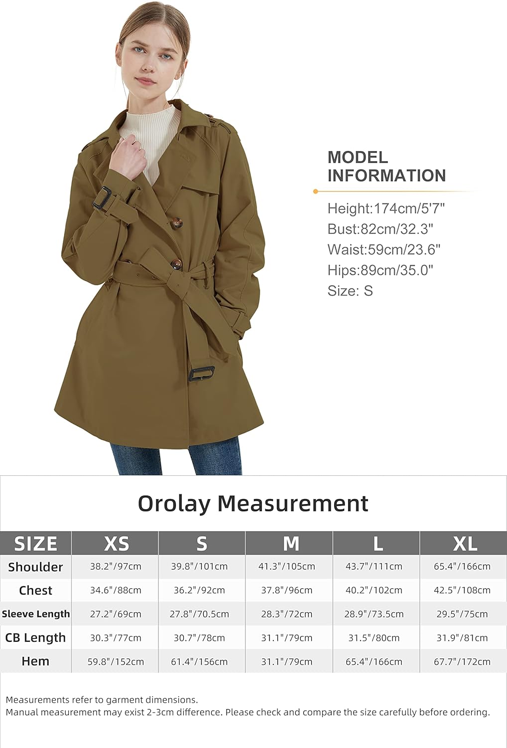 Aurlane Women's Mid-length Jacket Double Breasted Trench Coat with Belt