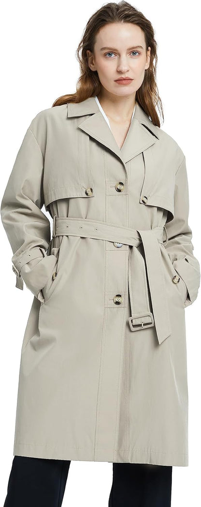 Aurlane Women's Single Breasted Trench Coat Long Windbreaker Button Coat Slim Fit Jackets with Belt