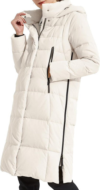 Aurlane Women's Thickened Long Down Jacket Winter Down Coat Hooded Puffer Jacket with Side Zipper