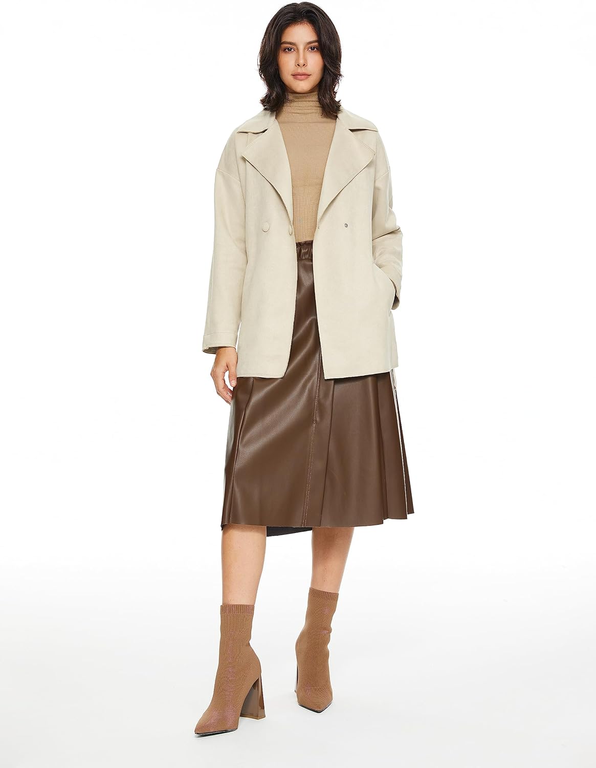 Aurlane Short Trench Coats for Women Faux Suede Leather Trench Coat Double Breasted Belted Mid Long Outwear