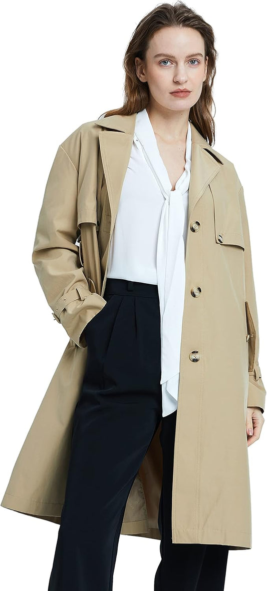 Aurlane Women's Single Breasted Trench Coat Long Windbreaker Button Coat Slim Fit Jackets with Belt