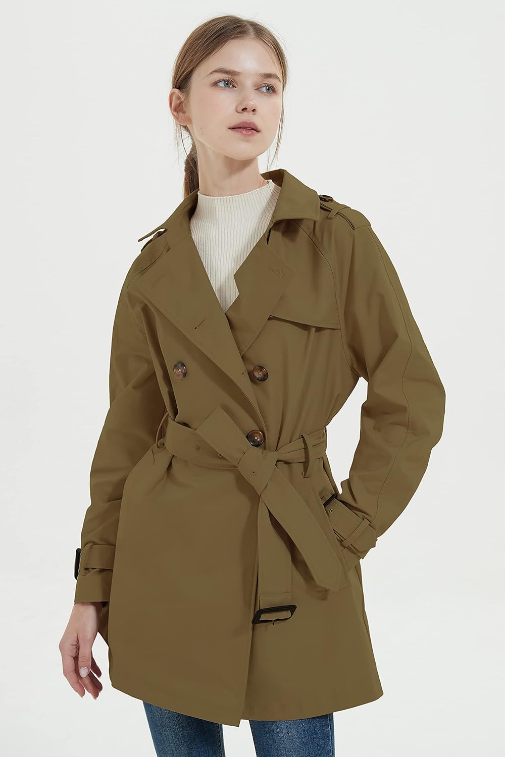 Aurlane Women's Mid-length Jacket Double Breasted Trench Coat with Belt