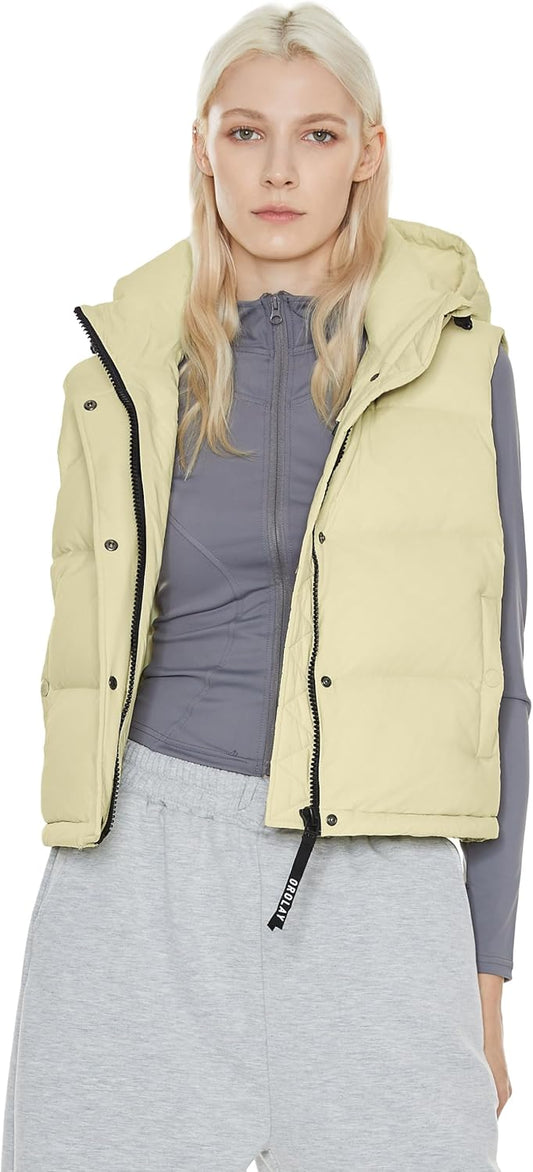 Aurlane Women's Cropped Puffer Vest - Hooded Sleeveless Down Jacket Stand Collar Gilet with Pockets