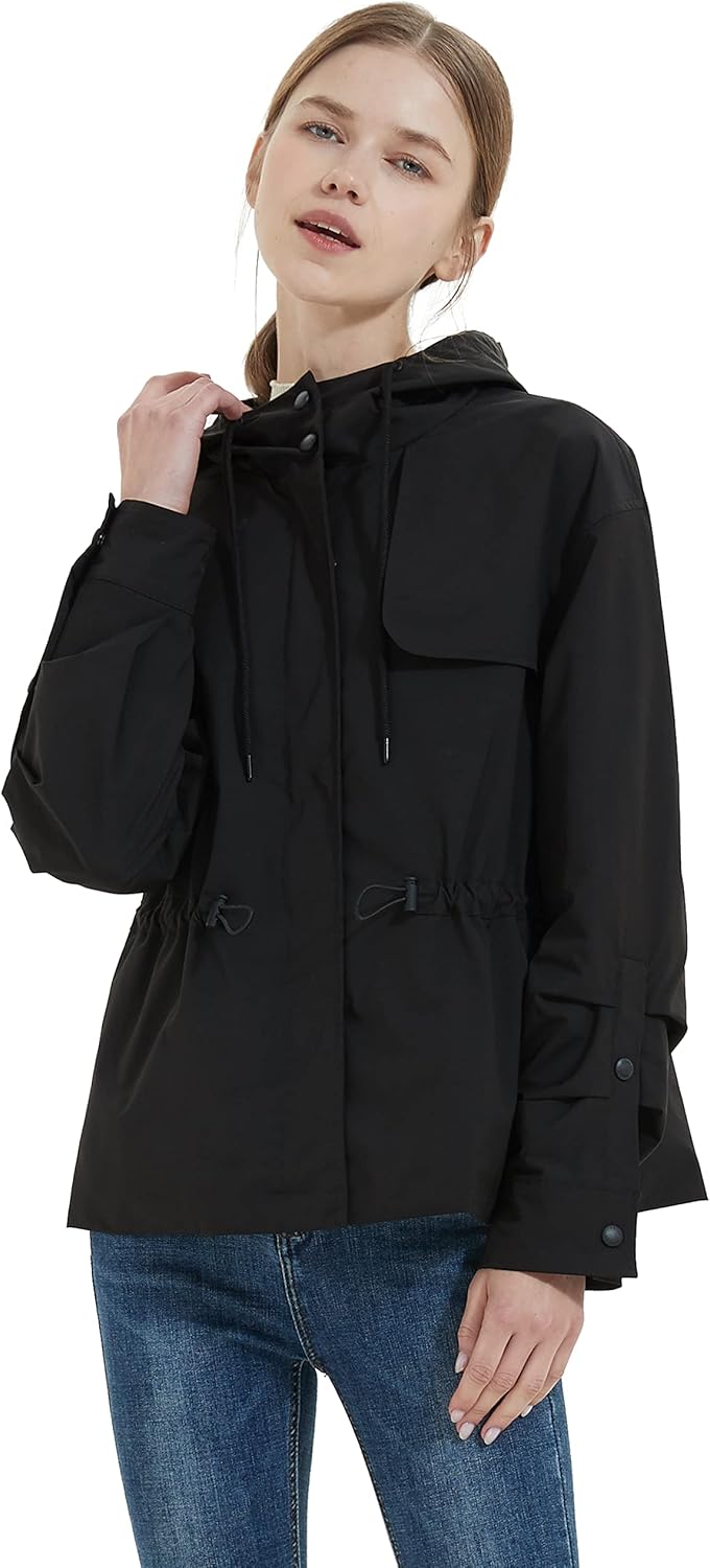 Aurlane Women's Short Windproof Trench Coat Outdoor Lightweight Hooded Coat