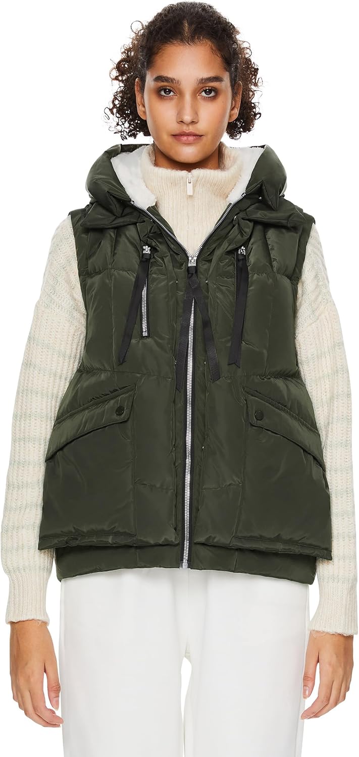 Aurlane Women's Metallic Down Vest - Fashion Cropped Sleeveless Puffer Jacket Lightweight Shiny Hooded Gilet with Pockets