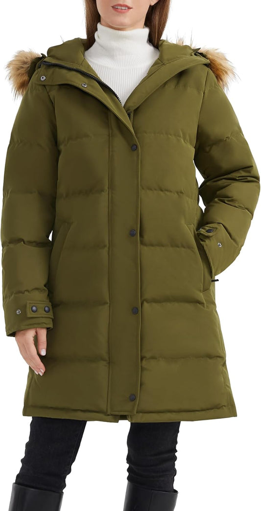 Aurlane Women's Thickened Down Coat Long Puffer Jacket with Adjustable Hood Quilted Warm Winter Parka