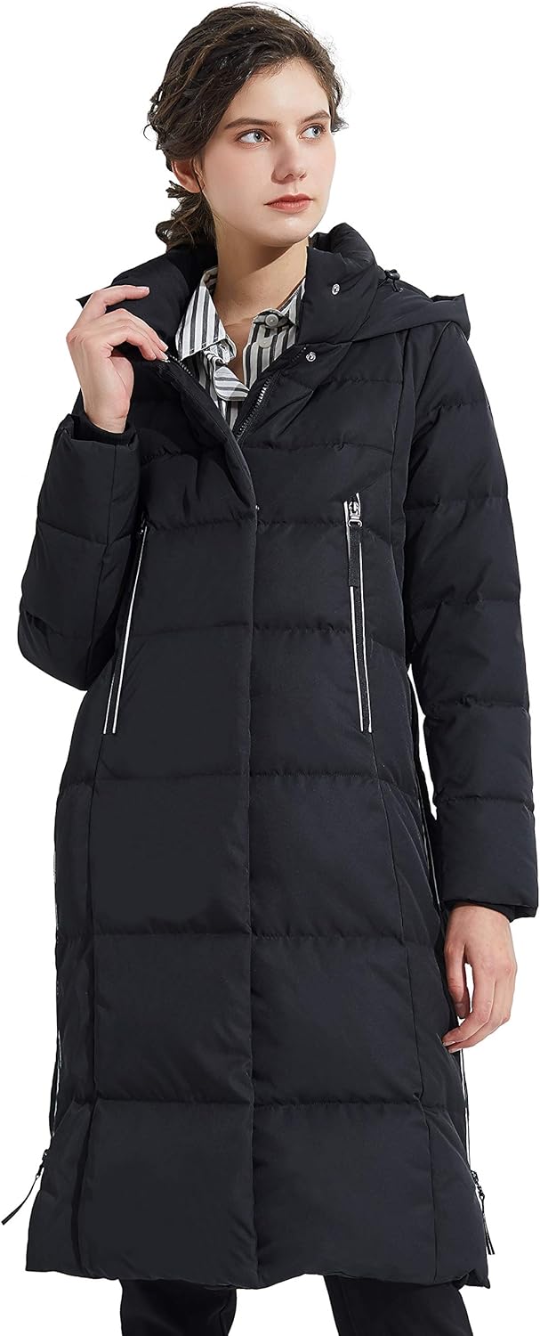 Aurlane Women's Thickened Long Down Jacket Winter Down Coat Hooded Puffer Jacket with Side Zipper