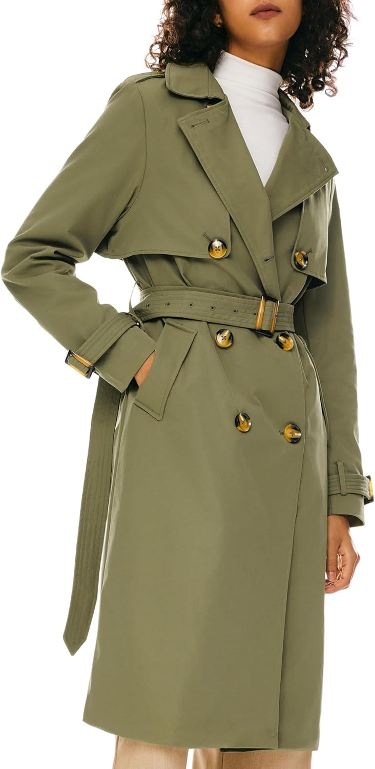 Aurlane Women's 3/4 Length Double Breasted Trench Coat Lapel Jacket with Belt